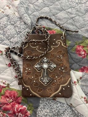 Brown Studded Crossbody Phone Bag with Decorative Cross Accent